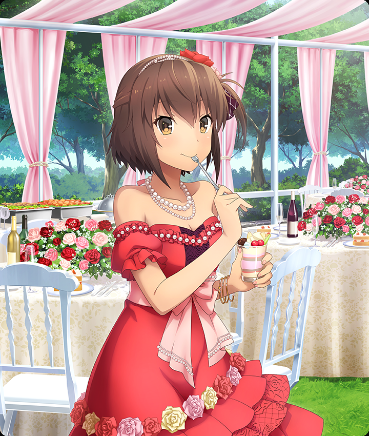 etou kanami, toji no miko, toji no miko: kizamishi issen no tomoshibi, game cg, official art, third-party source, 1girl, blush, bracelet, breasts, brown eyes, brown hair, cake, cake slice, chair, champagne bottle, cleavage, closed mouth, collarbone, cowboy shot, detached sleeves, dot nose, dress, eating, flower, food, forest, fork, fruit, gold bracelet, hair flower, hair ornament, hoop bracelet, jewelry, knife, looking at viewer, medium breasts, nature, necklace, one side up, parfait, pearl hairband, pearl necklace, pink flower, pink nails, pink rose, plate, red dress, red flower, red rose, red sleeves, rose, short hair, short sleeves, smile, solo, spoon, strapless, strapless dress, strawberry, table, tablecloth, utensil in mouth, white flower, white rose, yellow flower, yellow rose