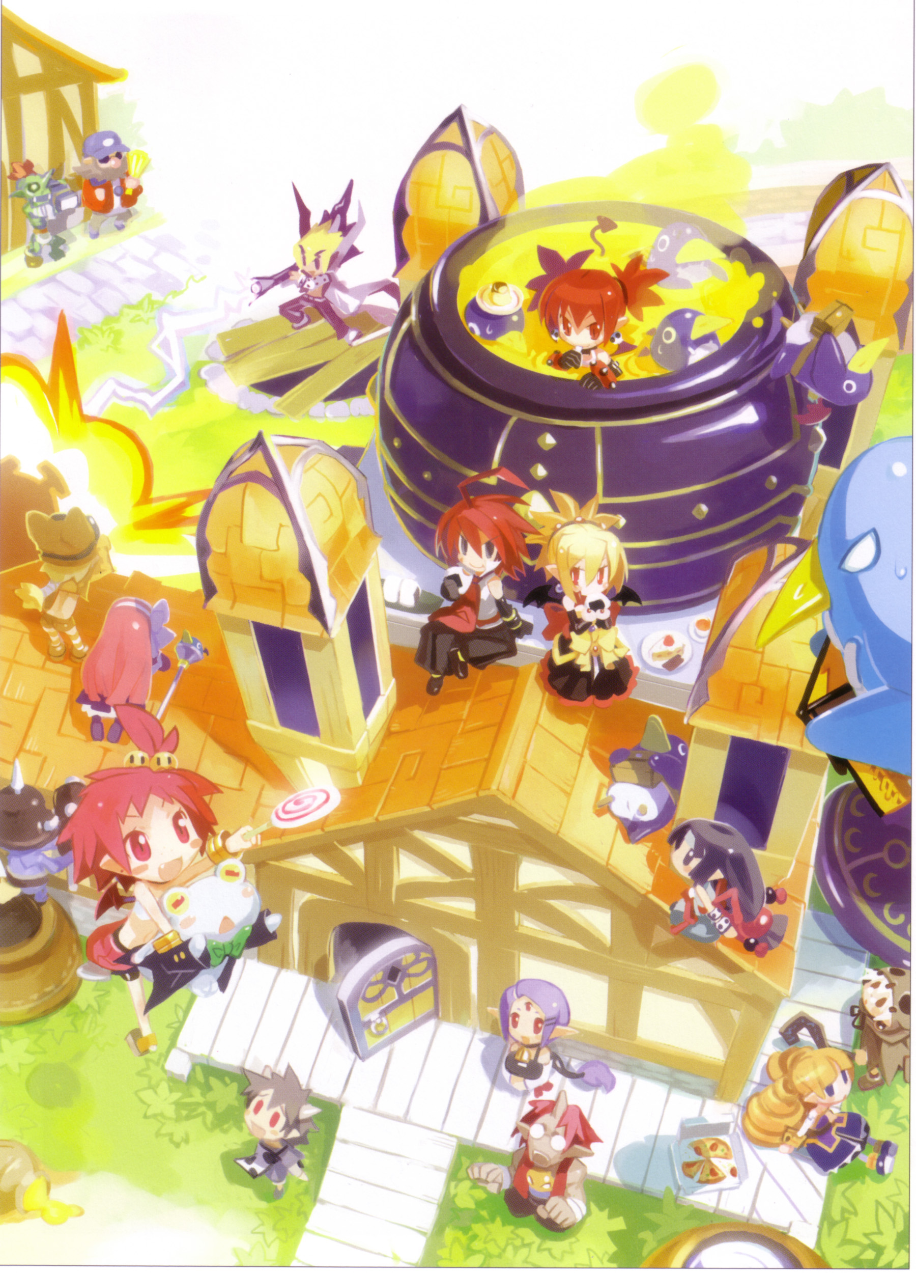 harada takehito, adell (disgaea), akutare (disgaea), archer (disgaea), axel (disgaea), dad (disgaea 2), director (disgaea), etna (disgaea), hanako (disgaea), mage (disgaea), mama (disgaea), mom (disgaea 2), orc (disgaea), papa (disgaea), prinny, rozalin, skull (disgaea), taro (disgaea), thief (disgaea), tink, tink (disgaea), yukimaru, zombie (disgaea), disgaea, makai senki disgaea 2, absurdres, highres, 6+boys, 6+girls, :d, blonde hair, blush, brown hair, building, chibi, demon, flying, from above, grass, house, long hair, looking at viewer, machinery, multiple boys, multiple girls, open mouth, outdoors, path, red eyes, red hair, road, rooftop, simple background, smile, standing, stone floor, very long hair, white background, window