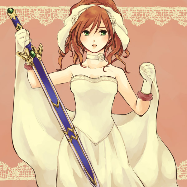 yukaris, heroine (dq9), dragon quest, dragon quest ix, level-5, brown hair, choker, dress, gloves, green eyes, ponytail, short hair, solo, sword, weapon, wedding dress