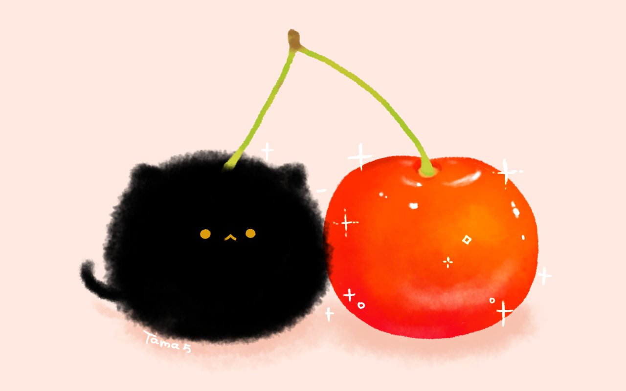 original, commentary, symbol-only commentary, animal, animal focus, black cat, cat, cherry, fat, food, food-themed creature, food focus, fruit, looking at viewer, no humans, no lineart, simple background, solo, sparkle, tamagom5m5, yellow eyes