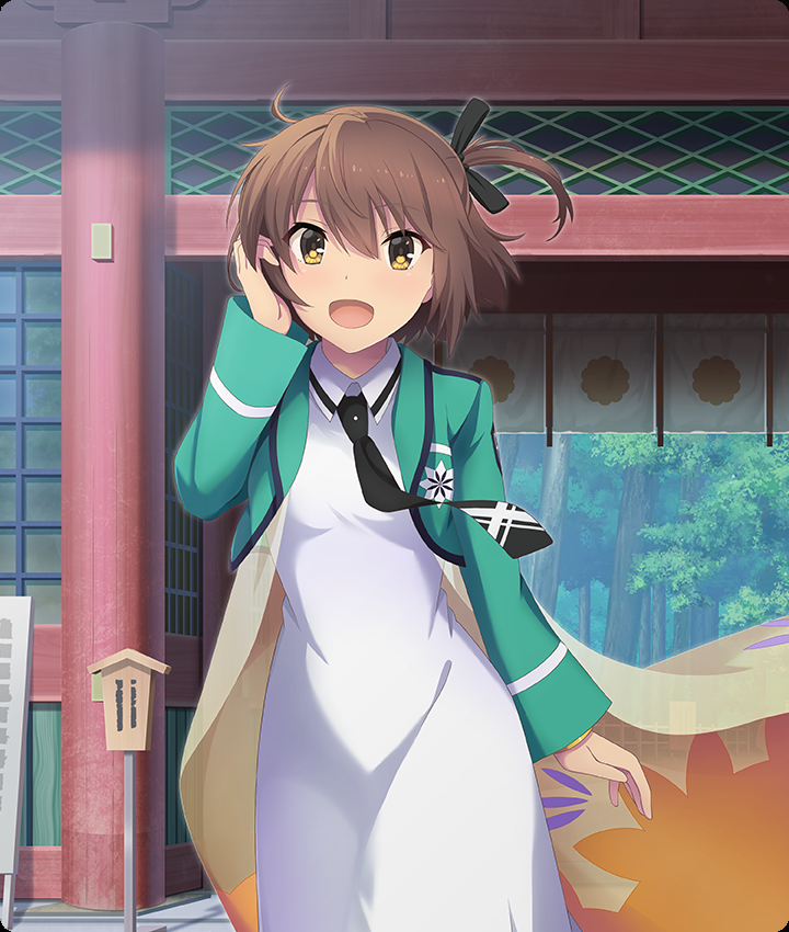 etou kanami, mahouka koukou no rettousei, toji no miko, toji no miko: kizamishi issen no tomoshibi, game cg, official art, third-party source, 1girl, :d, architecture, black necktie, black ribbon, brown hair, cape, cowboy shot, day, dot nose, dress, east asian architecture, first high school uniform, green jacket, hair ribbon, hand in own hair, jacket, long sleeves, looking at viewer, necktie, one side up, open clothes, open jacket, open mouth, outdoors, ribbon, school uniform, see-through cape, short hair, smile, solo, tree, white dress, yellow eyes