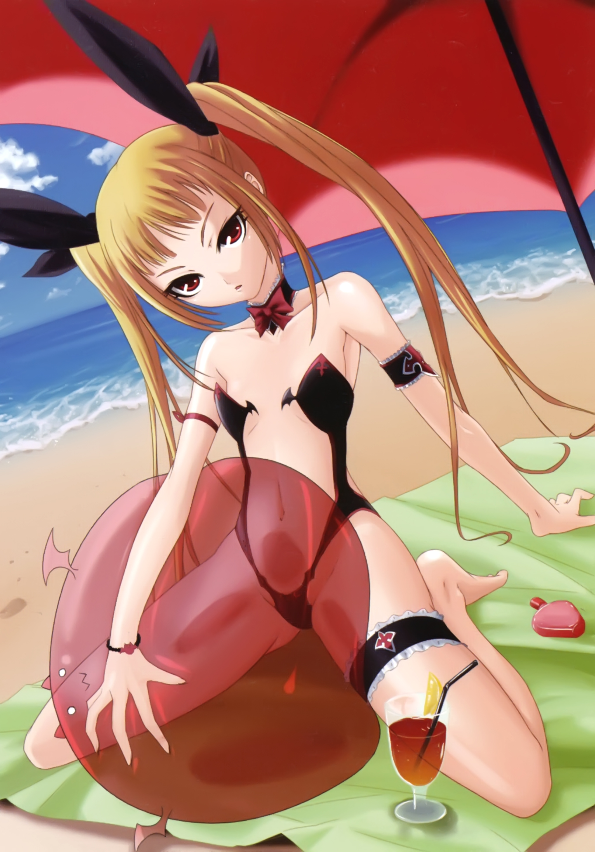 gii, rachel alucard, arc system works, blazblue, absurdres, highres, official art, 1girl, arm garter, armband, ball, barefoot, beach, beachball, blonde hair, choker, day, female focus, flat chest, frilled thigh strap, hair ribbon, kneeling, loli, long hair, red eyes, ribbon, solo, spread legs, swimsuit, thigh strap, umbrella