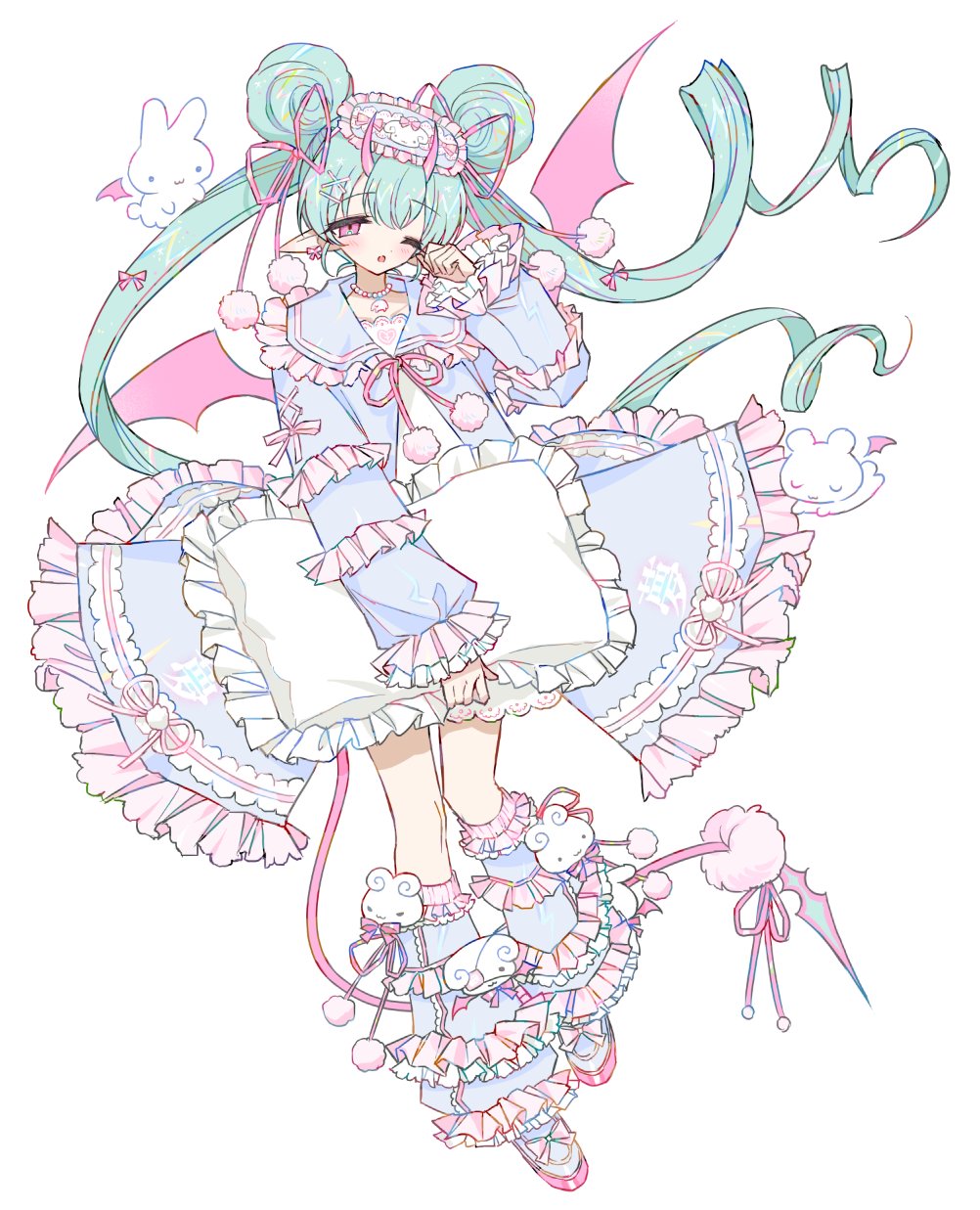aranotchi, original, chinese commentary, commentary request, highres, 1girl, aqua hair, bow, double bun, dragon girl, dragon tail, dragon wings, dress, fashion, frilled dress, frilled sleeves, frills, full body, hair bun, holding, holding pillow, jewelry, leg warmers, long hair, long sleeves, necklace, pillow, pointy ears, pom pom (clothes), purple dress, rabbit, rubbing eyes, shoes, simple background, sleep mask, solo, standing, stuffed animal, stuffed rabbit, stuffed toy, tail, twintails, very long hair, white background, wings, yume kawaii
