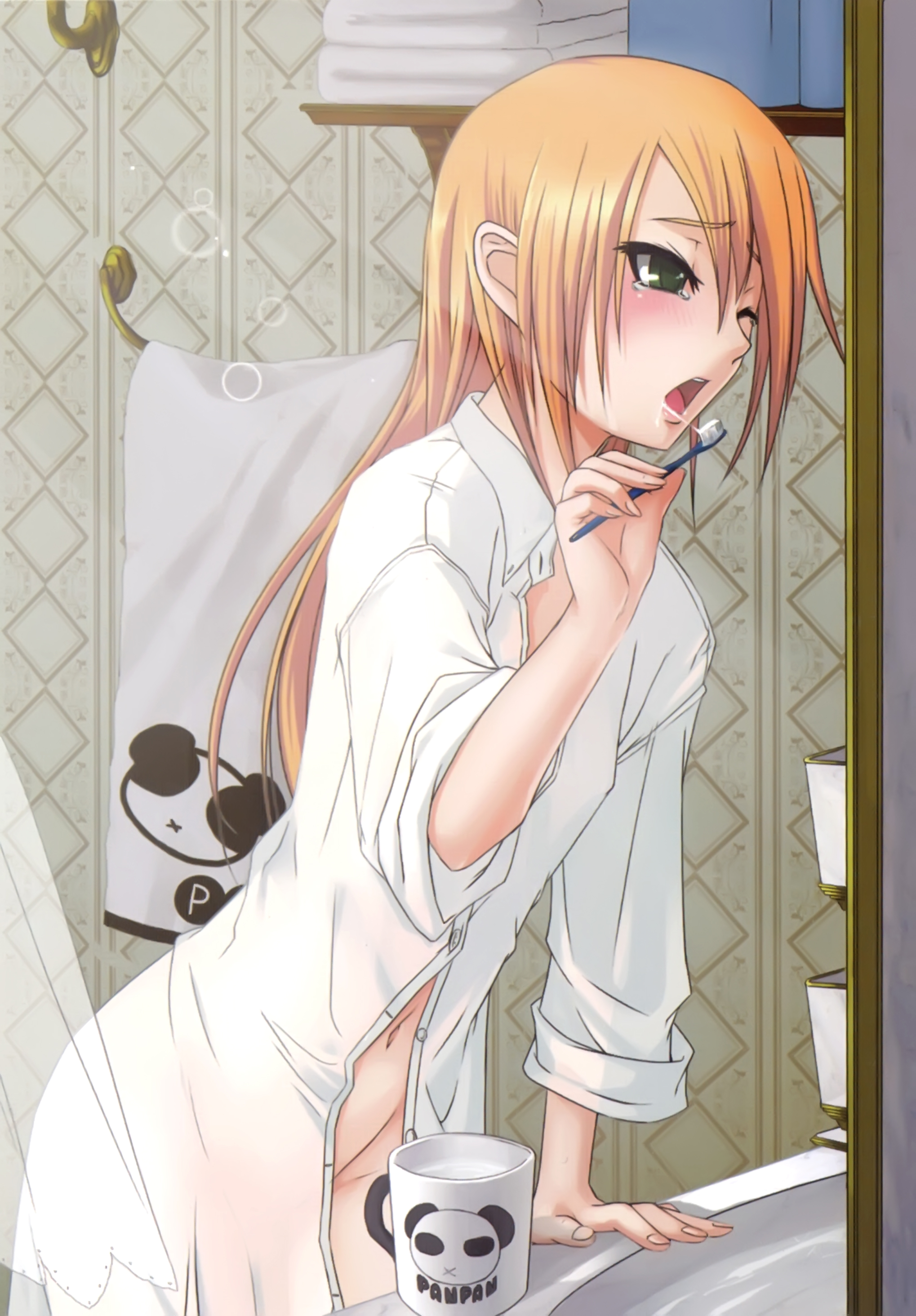 lao jiu, noel vermillion, arc system works, blazblue, absurdres, highres, official art, 1girl, blonde hair, blush, brushing teeth, cup, dress shirt, female focus, green eyes, leaning forward, long hair, mug, naked shirt, navel, no panties, one eye closed, open clothes, open shirt, panda, saliva, see-through clothes, shirt, sleeves rolled up, solo, tears, toothbrush, towel, wince, wink