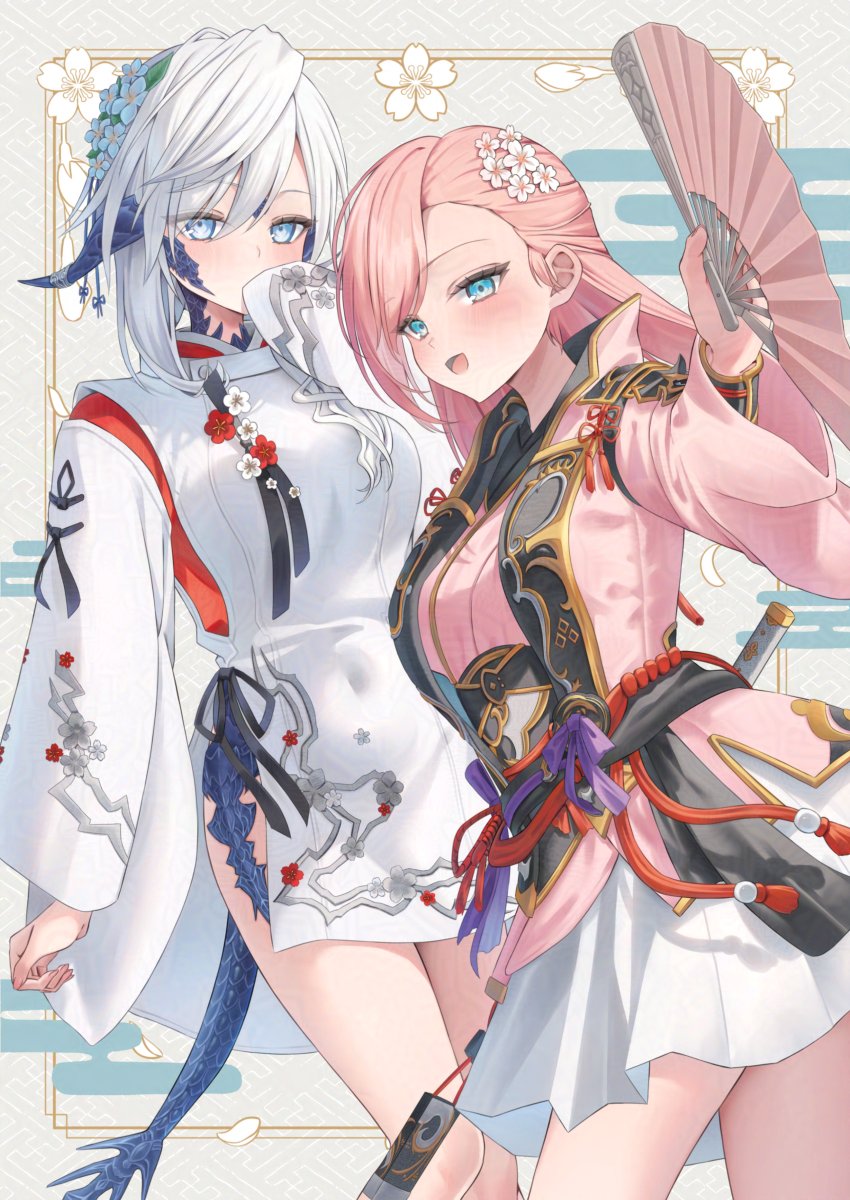 khr 39, warrior of light (ff14), final fantasy, final fantasy xiv, commentary request, highres, 2girls, au ra, blue eyes, breasts, dragon girl, dragon horns, dragon tail, flower, folding fan, hair flower, hair ornament, hand fan, holding, holding fan, horns, hyur, japanese clothes, jinbaori, kariginu, kimono, looking at viewer, multiple girls, pink hair, pink kimono, robe, scales, skirt, tail, white hair, white robe, white skirt