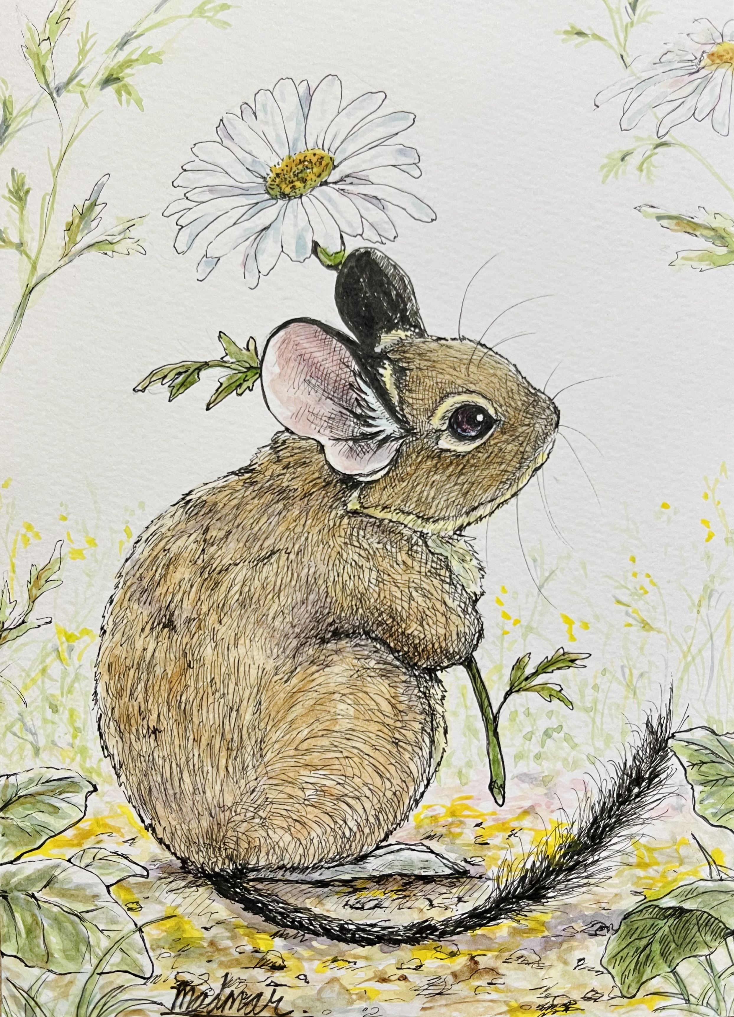 madmar, original, absurdres, commentary request, flower request, highres, traditional media, animal, animal focus, flower, mouse (animal), no humans, simple background, white background, white flower