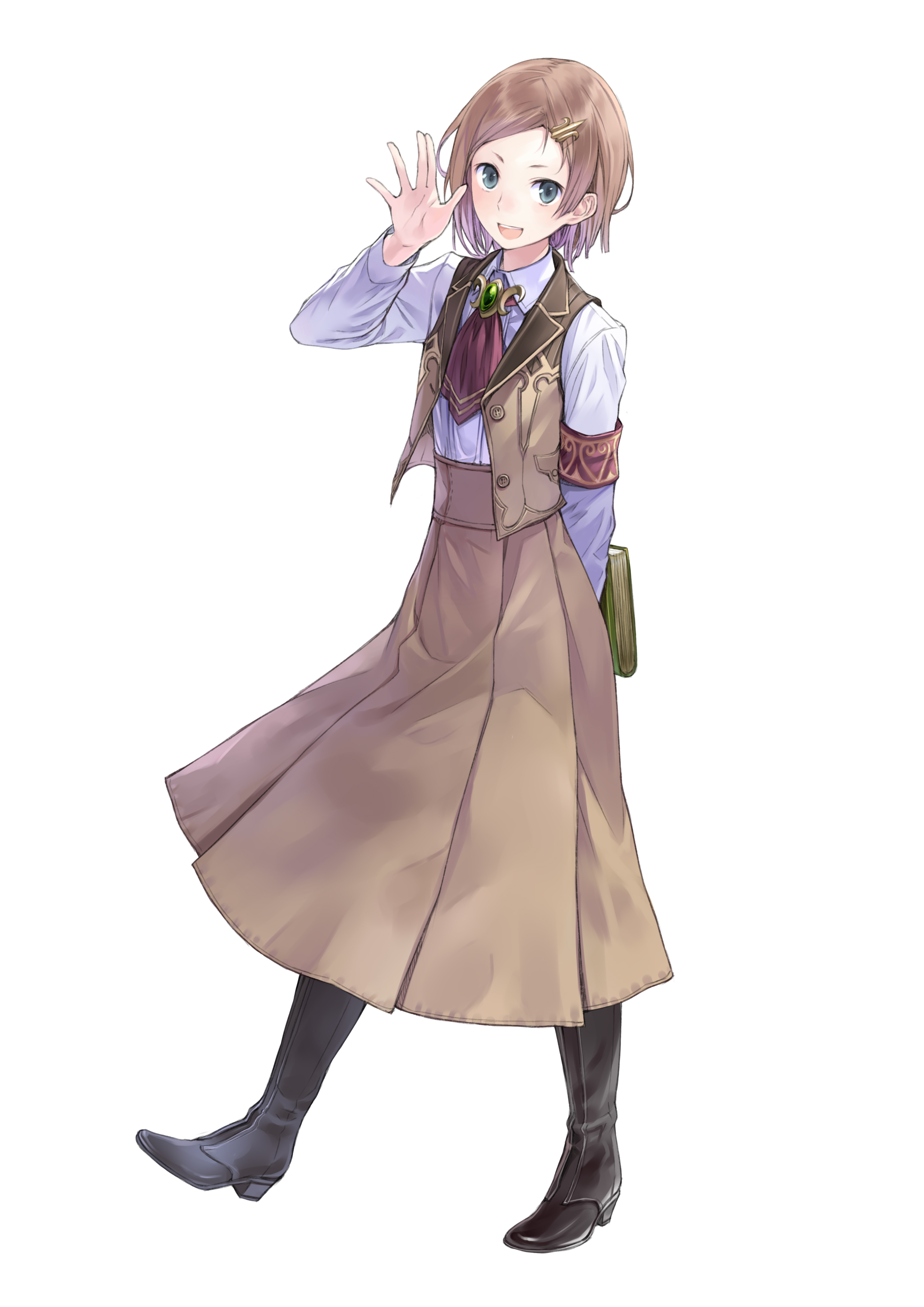 kishida mel, esty erhard, atelier (series), atelier rorona, black legwear, absurdres, highres, official art, 1girl, :d, arm behind back, arm up, armband, black boots, blue eyes, book, boots, brown hair, brown skirt, buttons, dress shirt, female focus, flat chest, full body, hair ornament, hairclip, high heels, jewelry, long skirt, looking at viewer, necktie, open clothes, open mouth, open vest, pendant, pleated skirt, salute, shirt, shoes, short hair, skirt, smile, solo, standing, swept bangs, vest, waving, white background