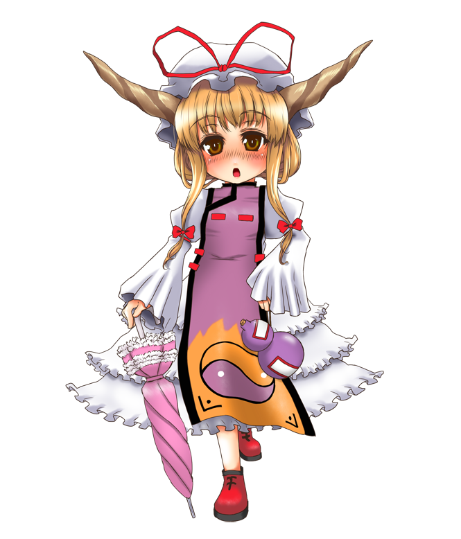 suzuya wataru, ibuki suika, yakumo yukari, touhou, 1girl, blonde hair, blush, brown eyes, cosplay, female focus, full body, gourd, hat, horns, parasol, ribbon, short hair, simple background, solo, umbrella, white background, yakumo yukari (cosplay), yin yang