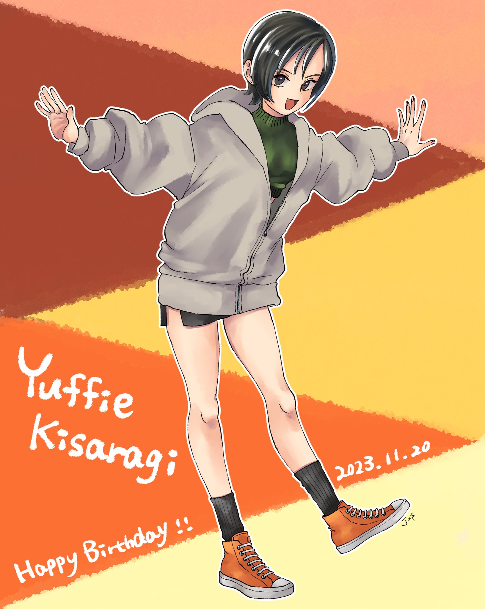 jas (jasjasjasart), yuffie kisaragi, final fantasy, final fantasy vii, commentary request, highres, 1girl, birthday, black hair, black socks, character name, dated, full body, green sweater, grey hoodie, happy birthday, hood, hood down, hoodie, knees, long sleeves, looking at viewer, open mouth, orange shoes, outstretched arms, shoes, short hair, socks, solo, standing, sweater, turtleneck, turtleneck sweater, zipper