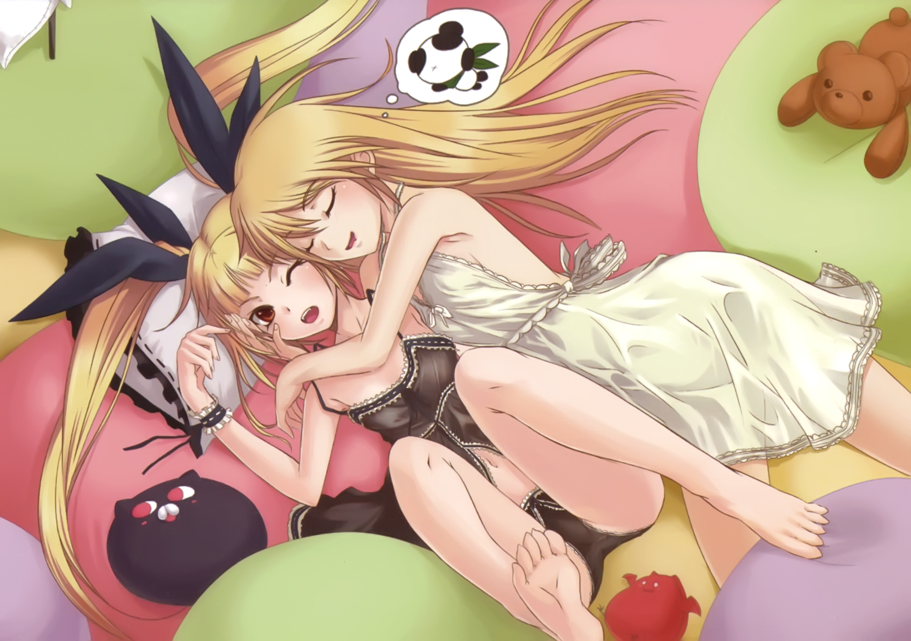 gii, lao jiu, nago, noel vermillion, rachel alucard, arc system works, blazblue, blazblue: calamity trigger, highres, official art, 2girls, annoyed, barefoot, blonde hair, dreaming, feet, flat chest, hair ribbon, hug, lingerie, long hair, multiple girls, one eye closed, panda, pillow, ribbon, sleeping, twintails, underwear, wink, yuri