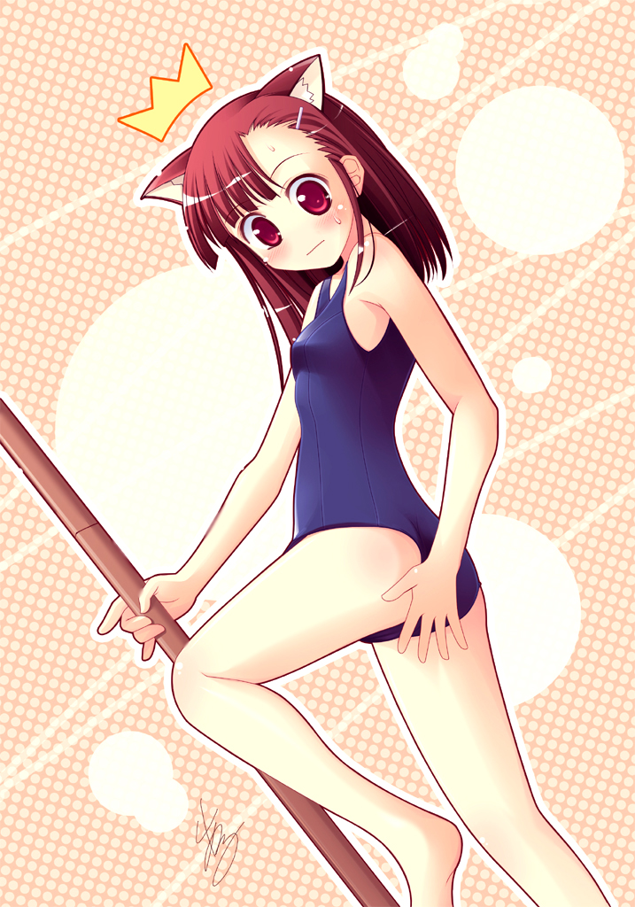 al azif (artist), aru (abyssinia), sakurazaki setsuna, mahou sensei negima!, 00s, 1girl, ^^^, animal ears, asymmetrical bangs, barefoot, blush, cat ears, covering ass, covering privates, female focus, hair ornament, hairclip, katana, one-piece swimsuit, polka dot, red eyes, red hair, school swimsuit, signature, solo, surprised, sweat, sweatdrop, swimsuit, sword, weapon