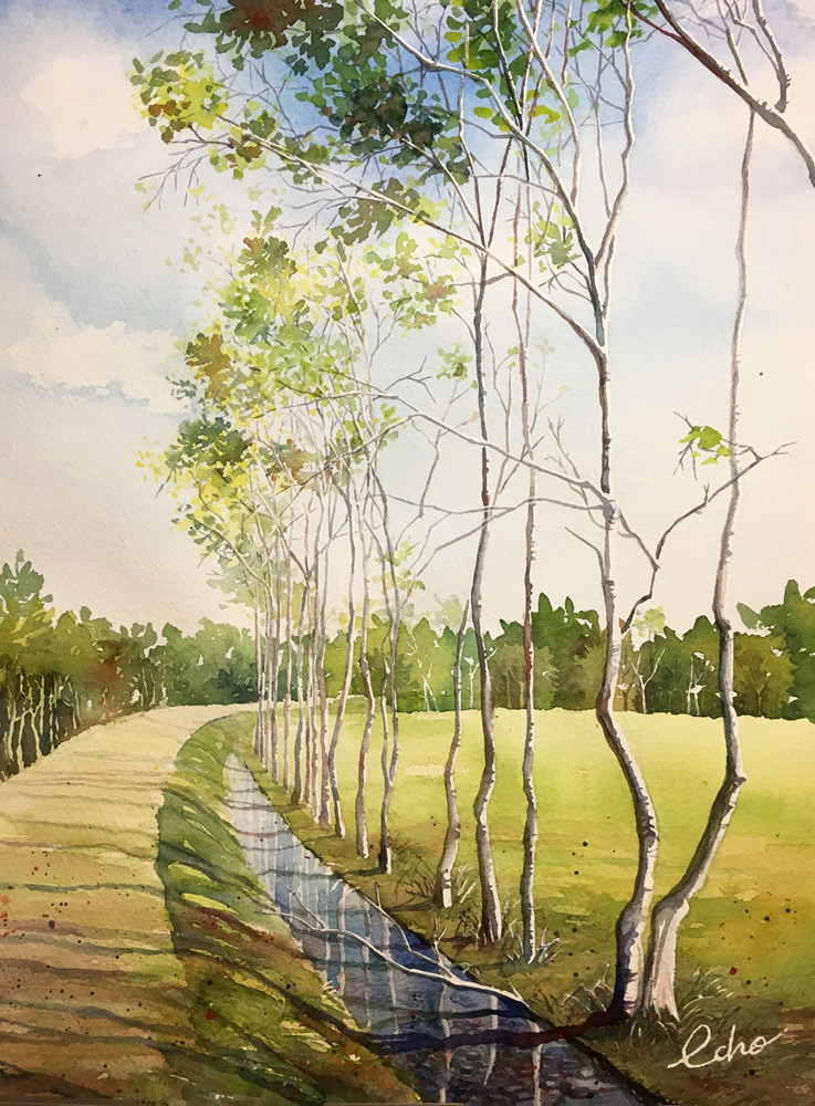 original, commentary request, painting (medium), traditional media, watercolor (medium), cloud, cloudy sky, day, echowater, hokkaido, no humans, outdoors, path, real world location, road, scenery, signature, sky, tree