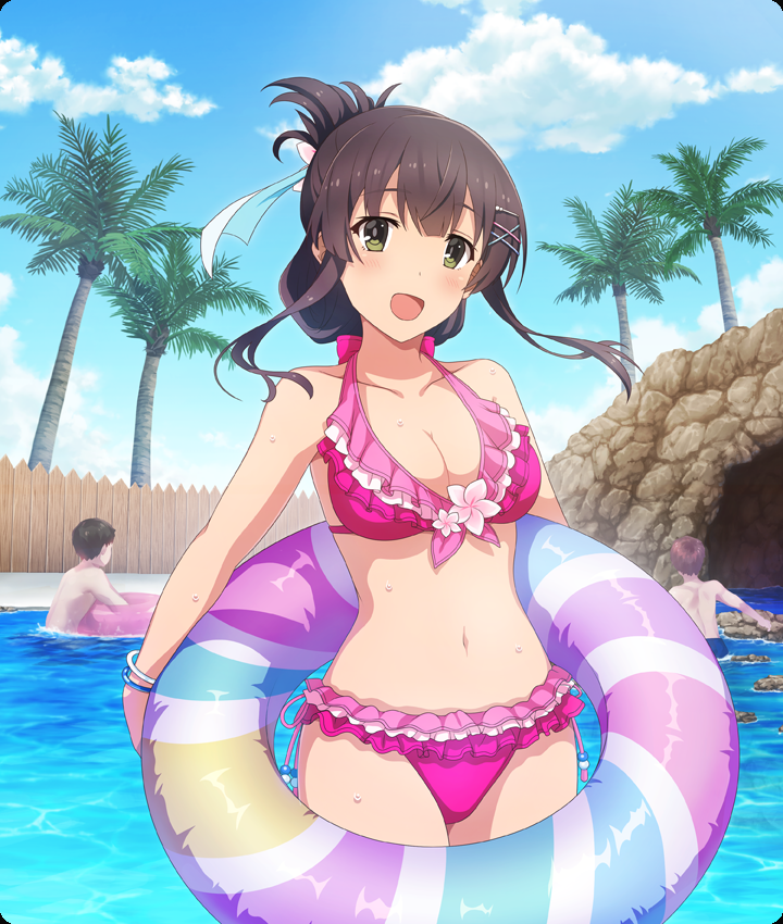 toji no miko, toji no miko: kizamishi issen no tomoshibi, game cg, official art, third-party source, 1girl, 2boys, :d, bikini, blue male swimwear, blue sky, blush, bracelet, breasts, brown hair, cave, cleavage, cloud, collarbone, day, dot nose, fence, flower, flower bikini, frilled bikini, frills, green eyes, hair ornament, hair ribbon, hairclip, holding, holding swim ring, innertube, jewelry, large breasts, looking at viewer, male swimwear, medium hair, multiple boys, navel, open mouth, outdoors, palm tree, pink bikini, pink flower, ribbon, short hair, side-tie bikini bottom, sidelocks, sky, smile, solo focus, swim ring, swimsuit, topless male, tree, wading, waterpark, wet, white ribbon, wooden fence