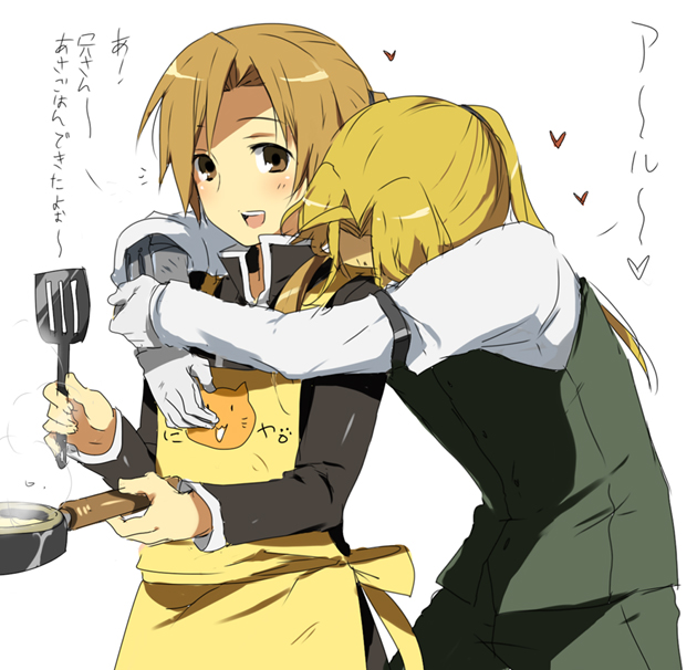 kl (dgzonbi), alphonse elric, edward elric, conqueror of shambala, fullmetal alchemist, translation request, 00s, 2boys, apron, brothers, cooking, family bonding, hug, hug from behind, male focus, multiple boys, siblings, spatula