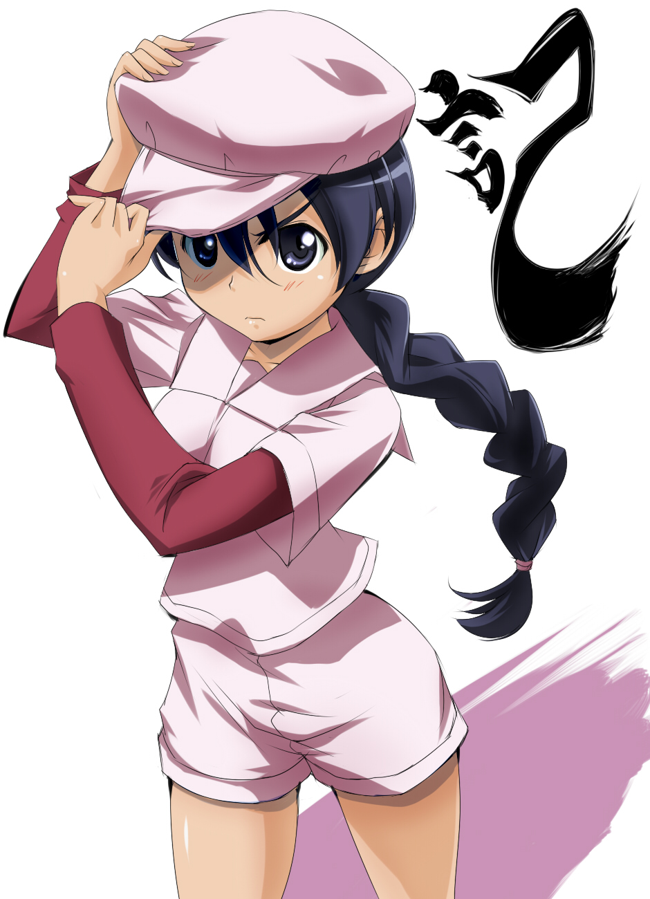 nomal, owari noriko, taishou yakyuu musume, highres, 00s, 1girl, adjusting clothes, adjusting headwear, baseball uniform, blue eyes, blue hair, braid, female focus, hat, hat tug, matching hair/eyes, shorts, solo, sportswear