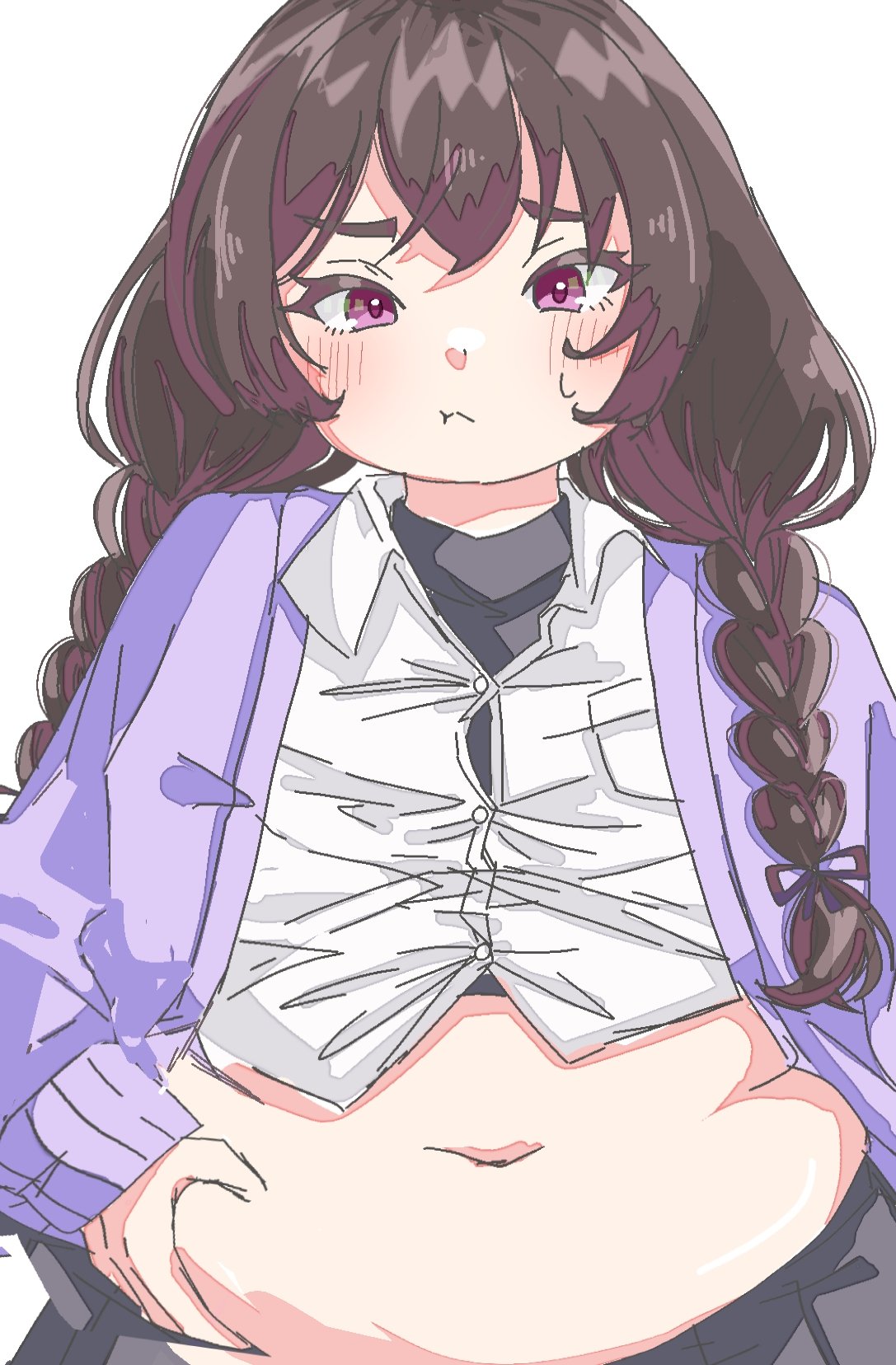 crustacean crab, character request, 1girl, belly, belly grab, black hair, black skirt, blush, braid, cardigan, clothes lift, hair over shoulder, hand on own stomach, long hair, navel, open cardigan, open clothes, pink eyes, plump, pout, purple cardigan, shirt, shirt lift, skirt, solo, tight clothes, twin braids, weight conscious, white background, white shirt
