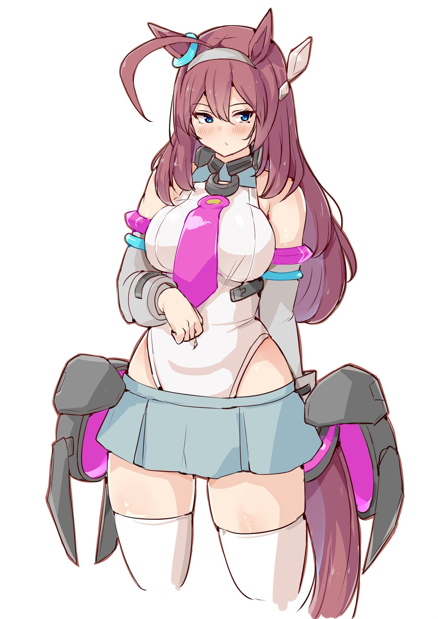 shinonon (iso shino), mihono bourbon (mb-19890425) (umamusume), mihono bourbon (umamusume), umamusume, 1girl, animal ears, antenna hair, armband, blue eyes, blue skirt, blush, breasts, brown hair, covered navel, detached sleeves, ear ornament, grey hairband, grey sleeves, hair between eyes, hairband, highleg, highleg leotard, horse ears, horse girl, horse tail, large breasts, leotard, long hair, lowleg, lowleg skirt, skirt, solo, standing, tail, thighhighs, white background, white leotard, white thighhighs, wide hips