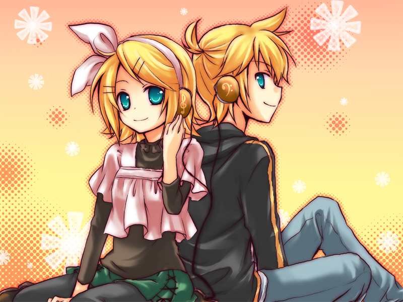 kousetsu, kagamine len, kagamine rin, vocaloid, bad id, bad pixiv id, 1boy, 1girl, alternate costume, blonde hair, blue eyes, bow, brother and sister, hair ornament, hairclip, headphones, pants, ponytail, siblings, skirt, smile, twins