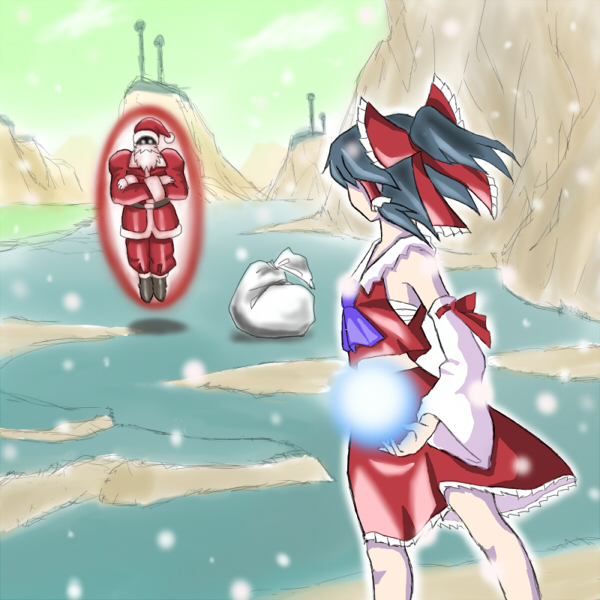 ao usagi, hakurei reimu, santa claus, dragon ball, dragonball z, phantasmagoria of flower view, touhou, bad id, bad pixiv id, 1boy, 1girl, bag, bare shoulders, battle, beard, black hair, blue grass, bow, breasts, crossed arms, crossover, detached sleeves, energy ball, facial hair, floating, gift bag, green sky, hair bow, hat, japanese clothes, miko, multiple crossover, mustache, namek, nontraditional miko, old, old man, outdoors, parody, red bow, red skirt, sack, santa costume, santa hat, sarashi, short hair, skirt, skirt set, sky, small breasts, snowing, standing, white beard, white facial hair, white sleeves, wide sleeves