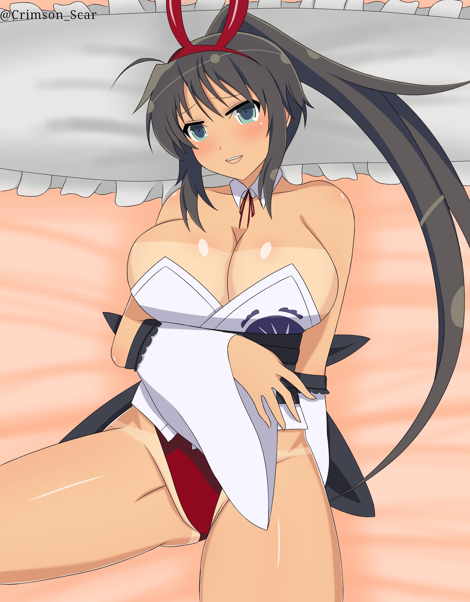 crimson scar, homura (senran kagura), senran kagura, 1girl, black hair, blush, breasts, cleavage, dark-skinned female, dark skin, detached sleeves, green eyes, highleg, highleg panties, large breasts, long hair, looking at viewer, panties, ponytail, tan, tanline, underwear, very long hair