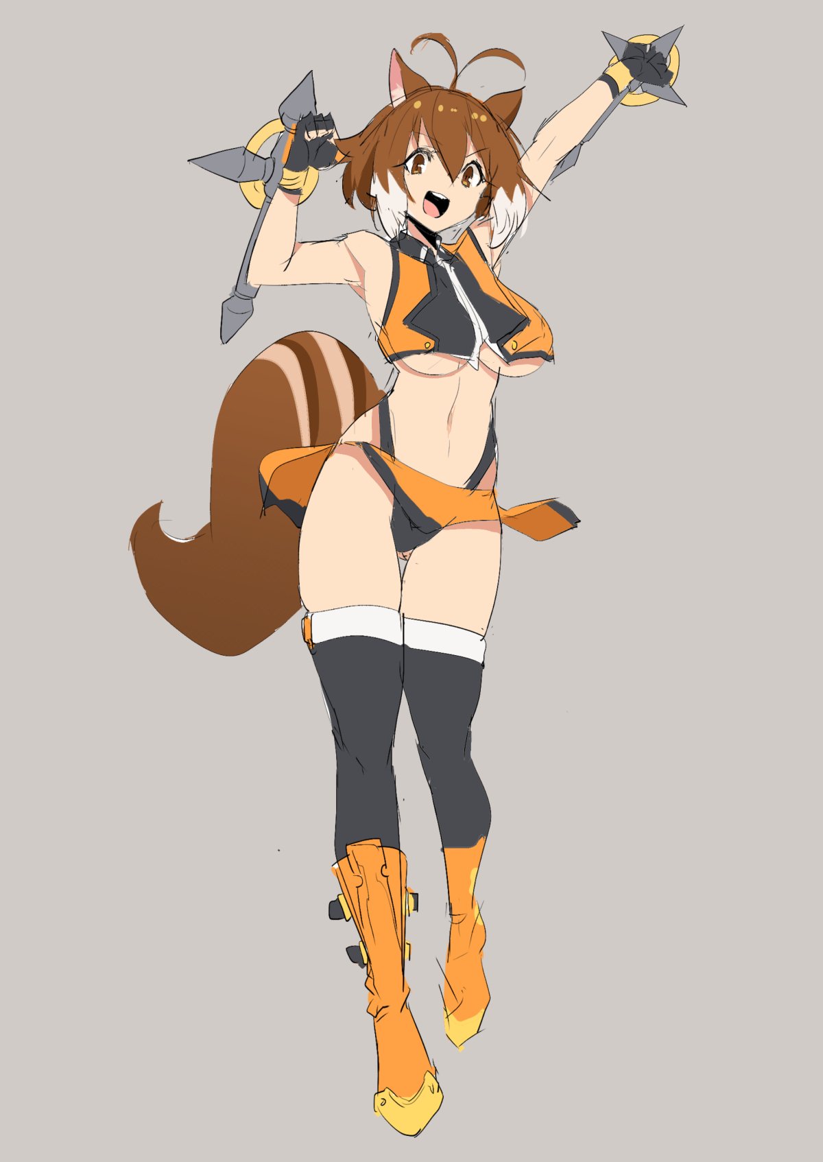 funaya (a2brasd), makoto nanaya, blazblue, 1girl, animal ears, bare shoulders, breasts, brown eyes, brown hair, fingerless gloves, gloves, grey background, highleg, highleg panties, large breasts, looking at viewer, microskirt, panties, short hair, skirt, sleeveless, squirrel ears, squirrel tail, tail, teeth, tonfa, underboob, underwear, upper teeth only, weapon