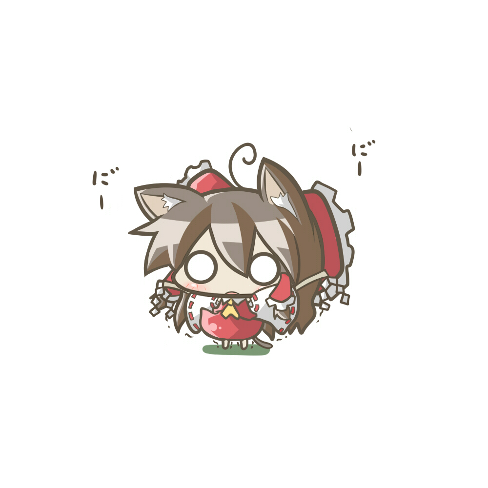 aoblue, hakurei reimu, touhou, 1girl, ahoge, animal ears, brown hair, cat ears, cat girl, cat tail, chibi, female focus, kemonomimi mode, o o, simple background, skirt, solo, tail, white background, wide face