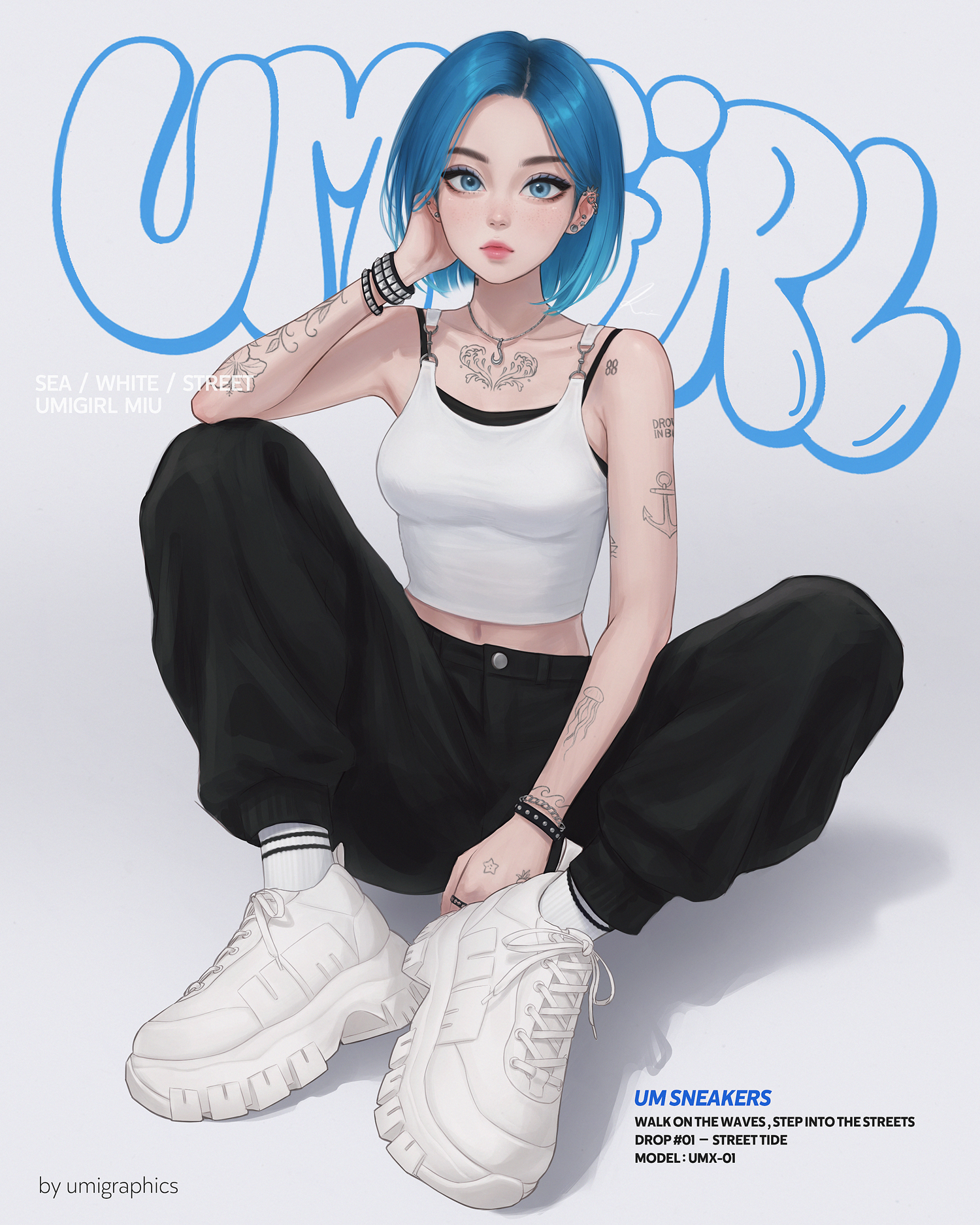 umigraphics, original, commentary, english commentary, highres, 1girl, arm tattoo, black camisole, blue eyes, blue hair, bracelet, camisole, chest tattoo, earrings, english text, jewelry, layered shirt, lips, looking at viewer, navel, shoes, short hair, sitting, sneakers, solo, tank top, tattoo, white tank top