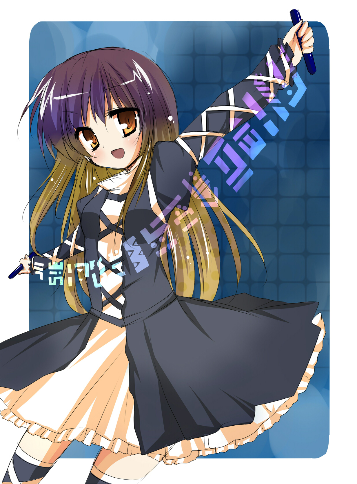 fujishiro emyu, hijiri byakuren, touhou, bad id, bad pixiv id, highres, 1girl, brown eyes, dress, female focus, gradient hair, long hair, multicolored hair, open mouth, scroll, smile, solo, sorcerer's sutra scroll, thighhighs, zettai ryouiki