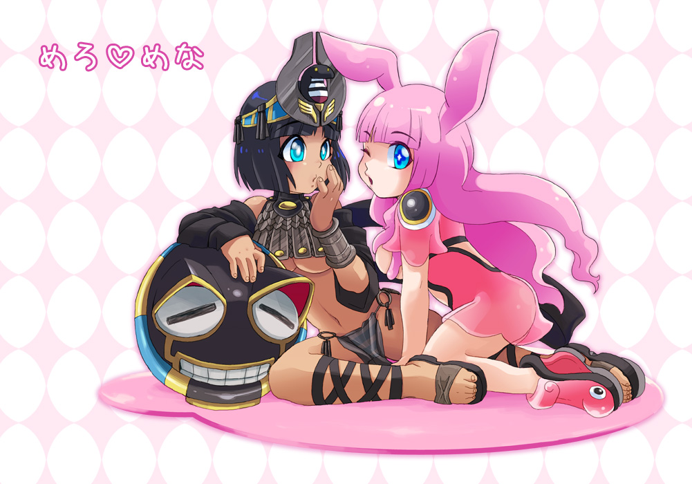 ebi no hito, ancient princess menace, melona (queen's blade), menace (queen's blade), protean assassin melona, setra, queen's blade, + +, 00s, 2girls, alternate color, animal ears, black hair, blue eyes, breasts, chibi, feet, long hair, multiple girls, one eye closed, pink hair, rabbit ears, sandals, short hair, underboob, wink
