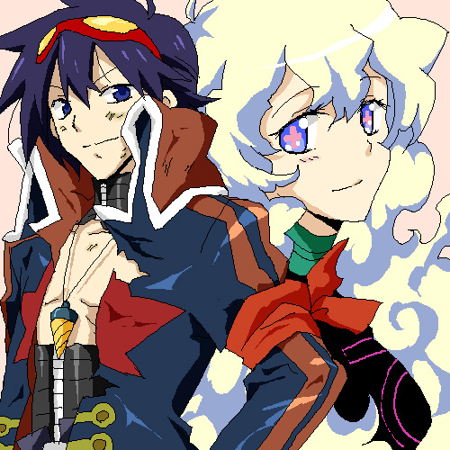 kuroki natsu, natsu (pixiv466254), antispiral nia, nia teppelin, simon (ttgl), tengen toppa gurren lagann, bad id, bad pixiv id, lowres, + +, 00s, 1boy, 1girl, aged up, blue hair, core drill, cross-shaped pupils, curly hair, drill, goggles, goggles on head, multicolored hair, oekaki, symbol-shaped pupils, two-tone hair, wavy hair