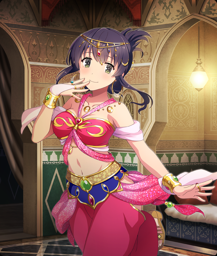 yanase mai, toji no miko, toji no miko: kizamishi issen no tomoshibi, game cg, official art, third-party source, 1girl, arabian clothes, arch, bare shoulders, black hair, blush, breasts, circlet, closed mouth, clothing cutout, collarbone, crop top, dot nose, gem, gold bracer, gold ring, gold sandals, green eyes, green gemstone, hand to own mouth, hanging light, harem outfit, harem pants, indoors, jewelry, large breasts, looking at viewer, medium hair, midriff, navel, outstretched arm, pants, red gemstone, red pants, ring, sandals, side cutout, sidelocks, smile, solo, standing, standing on one leg, strapless