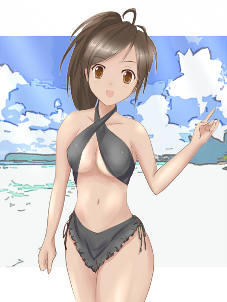 purslane, freesia york, senjou no valkyria, senjou no valkyria (series), senjou no valkyria 1, 00s, 1girl, beach, bikini, brown eyes, brown hair, female focus, sky, solo, swimsuit