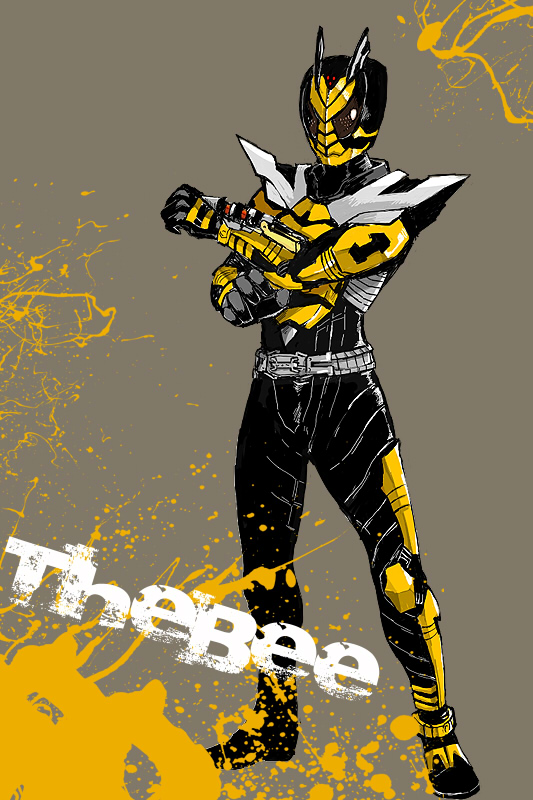 jahct, kamen rider thebee, kamen rider, kamen rider kabuto (series), 1boy, belt, bodysuit, gauntlets, grey background, helmet, male focus, simple background, solo, standing, text focus
