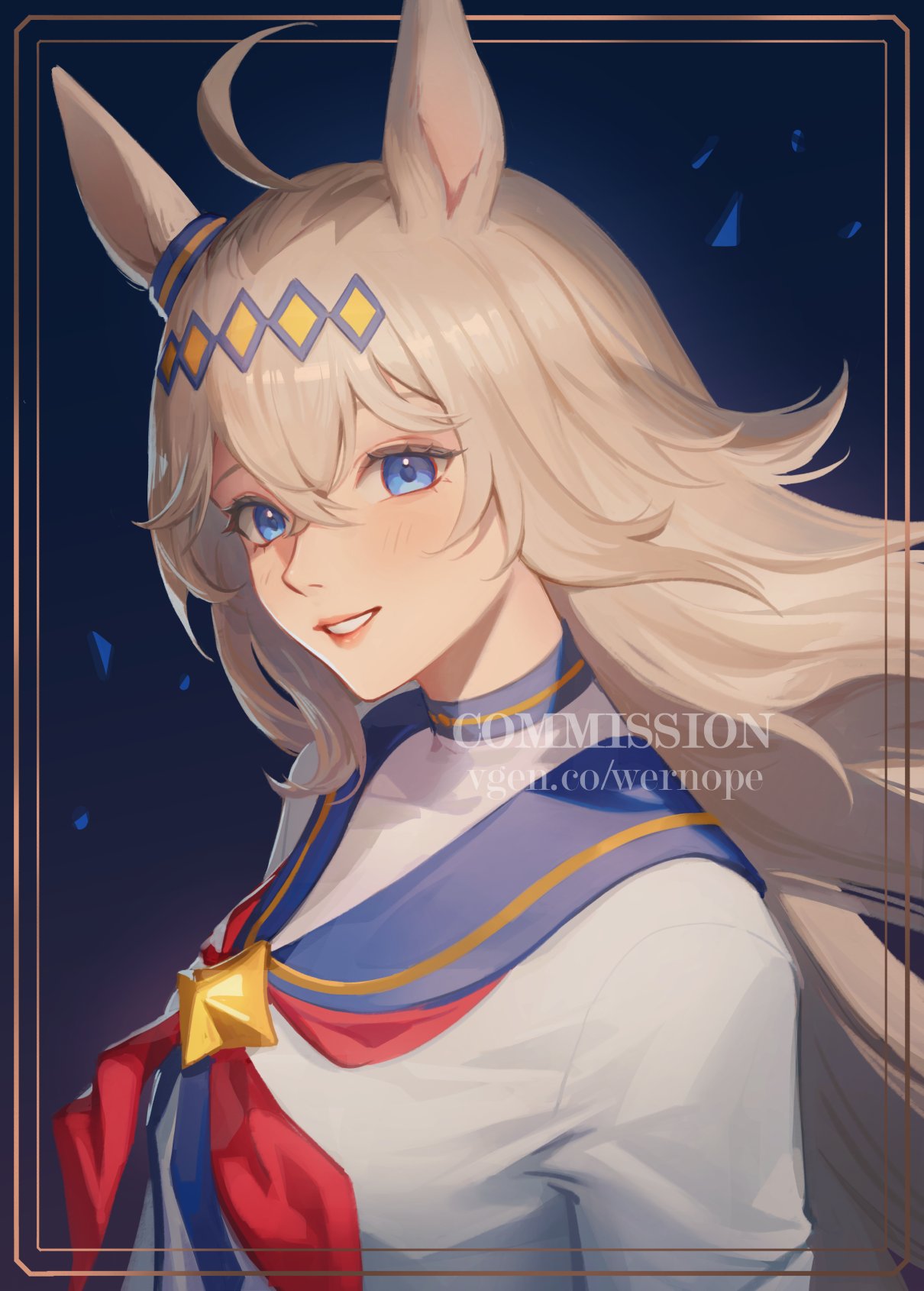 wernope, oguri cap (starlight beat) (umamusume), oguri cap (umamusume), umamusume, commentary, english commentary, highres, 1girl, ahoge, animal ears, blue eyes, blue sailor collar, blush, breasts, ear ornament, grey hair, hair between eyes, hair ornament, hairband, horse ears, horse girl, jacket, long hair, long sleeves, looking at viewer, neckerchief, open mouth, red neckerchief, sailor collar, shirt, smile, solo, upper body, white jacket, white shirt