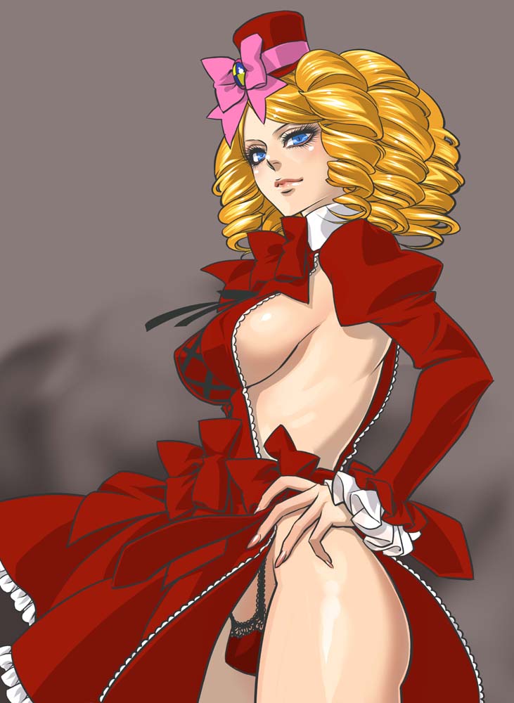 kujou kiyo, gaap (umineko), umineko no naku koro ni, bad id, bad pixiv id, 00s, 1futa, blonde hair, blue eyes, bow, breasts, bulge, curly hair, dress, drill hair, frills, futanari, hands on own hips, hat, lace, lace-trimmed panties, lace trim, large breasts, mini hat, mini top hat, panties, pink bow, red dress, red panties, ribbon, short hair, sideboob, solo, top hat, underwear