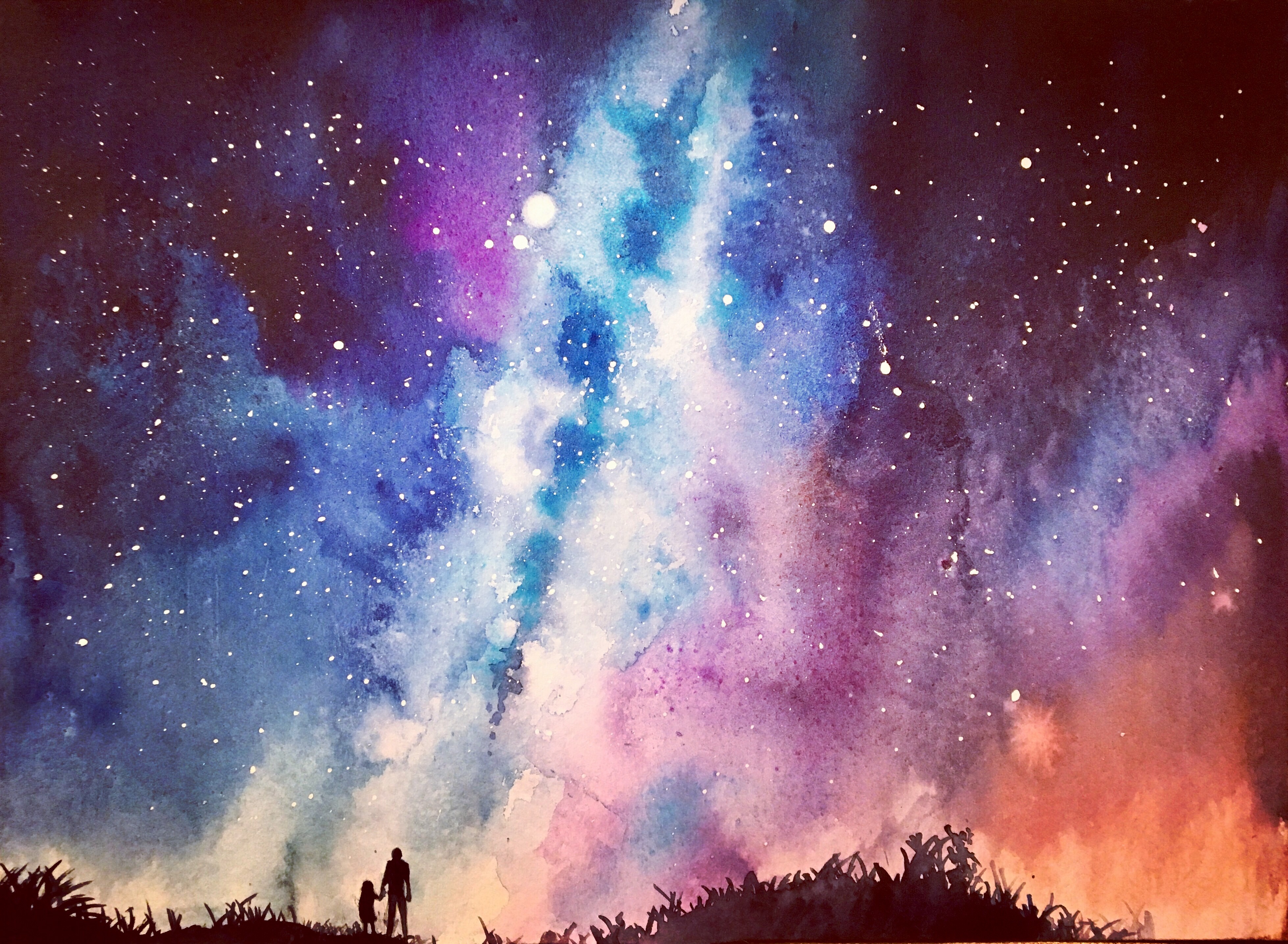 toyonaga ryouhei, original, absurdres, commentary request, highres, painting (medium), traditional media, watercolor (medium), 2others, ambiguous gender, milky way, multicolored sky, multiple others, night, outdoors, scenery, silhouette, sky, sky focus, star (sky), starry sky, very wide shot