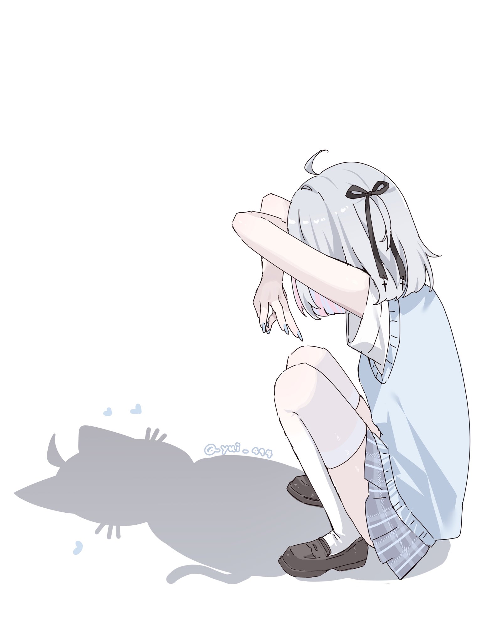 yu o015, original, commentary request, highres, 1girl, ahoge, black ribbon, black shoes, blue hair, blue skirt, blue sweater, cat shadow puppet (meme), from side, full body, hair ornament, hair ribbon, heart, meme, miniskirt, ribbon, shadow, shadow puppet, shoes, short hair, short sleeves, simple background, skirt, solo, squatting, sweater, thighhighs, white background, white thighhighs, x hair ornament