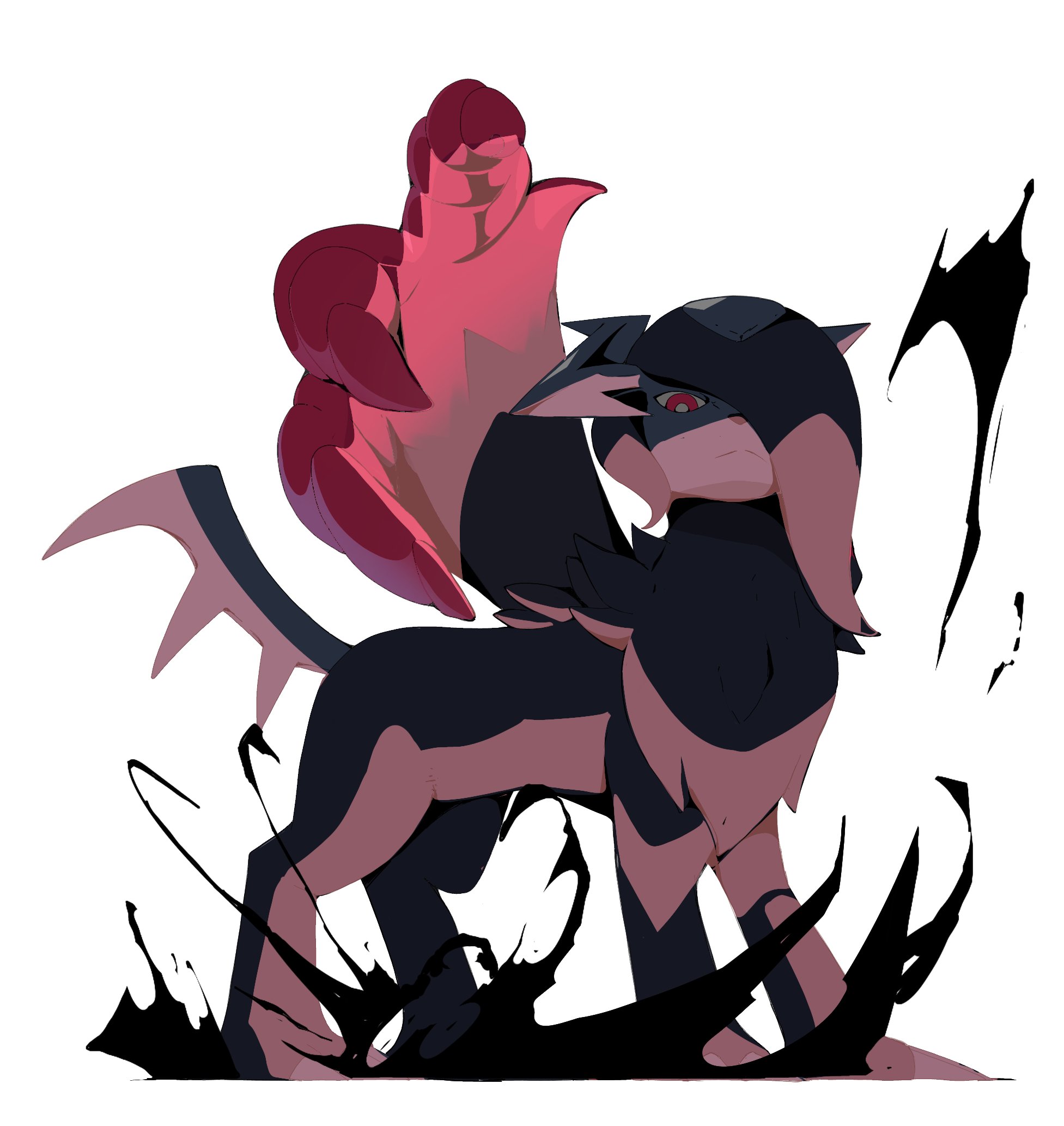 psaber97, absol, nintendo, pokemon, pokemon legends: z-a, highres, animal focus, asymmetrical horns, black fur, black hair, body fur, claws, closed mouth, gen 3 pokemon, hair over one eye, horns, looking at viewer, mega absol z, mega pokemon, no humans, one eye covered, pokemon (creature), pokemon focus, red eyes, red fur, solo, tail, uneven horns