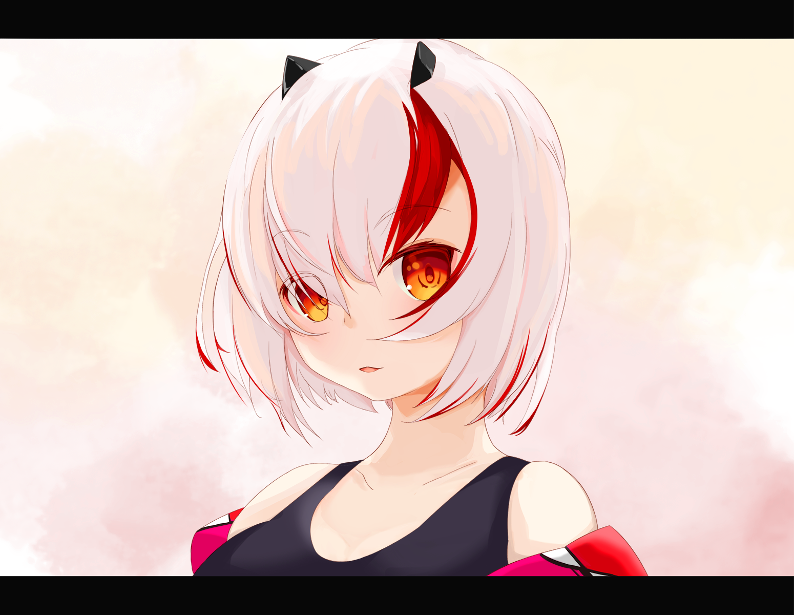 tobebuta (thepigcanfly), utsutsu yomi, indie virtual youtuber, commentary request, highres, 1girl, black horns, horns, looking at viewer, multicolored hair, orange eyes, portrait, red hair, short hair, solo, streaked hair, virtual youtuber, white hair