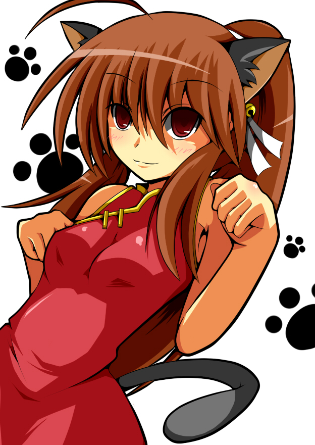 shin-mottie, natsume rin, little busters!, animal ears, bell, brown hair, cat ears, cat tail, china dress, chinese clothes, dress, long hair, nyan, ponytail, red eyes, solo, tail