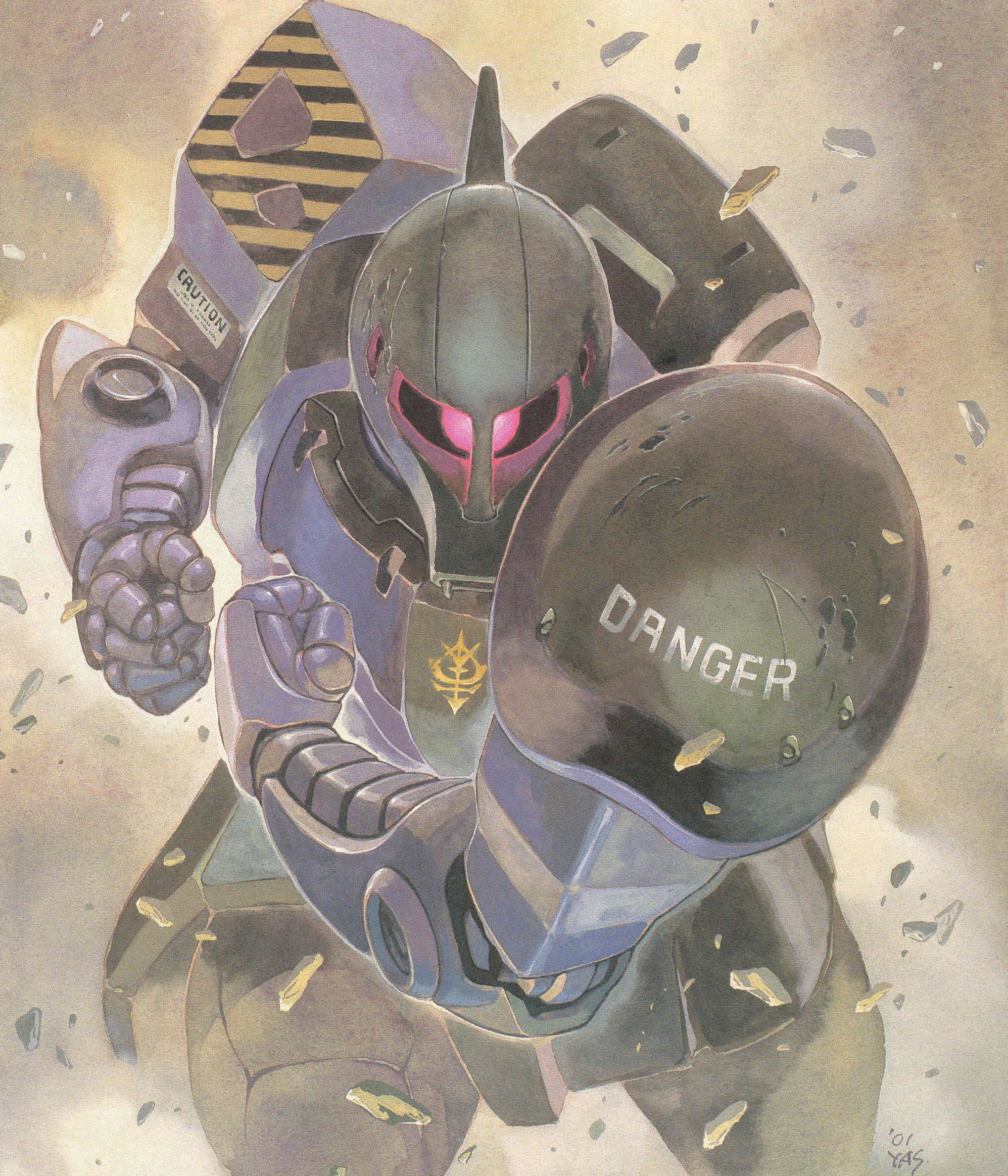 yasuhiko yoshikazu, zaku, zaku i, gundam, mobile suit gundam, highres, official art, traditional media, mecha, mecha focus, robot, tackle