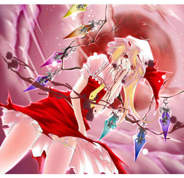 sesield, flandre scarlet, touhou, 1girl, alternate wings, blonde hair, blood, female focus, hat, ponytail, red eyes, short hair, side ponytail, solo, thighhighs, wings