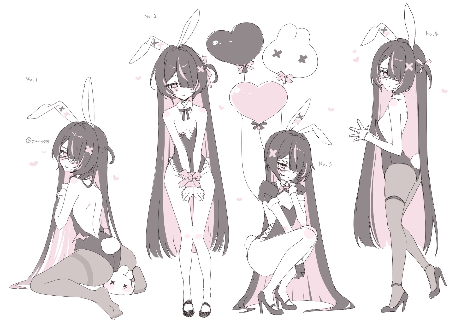 yu o015, original, commentary request, highres, 1girl, animal balloon, animal ears, ass, balloon, black gloves, black hair, black leotard, black shoes, black shrug, bound, bound wrists, closed mouth, colored inner hair, fake animal ears, fake tail, gloves, grey pantyhose, hair ornament, hair over one eye, heart, heart balloon, high heels, leotard, long hair, looking at viewer, multicolored hair, multiple views, one eye covered, pantyhose, parted bangs, parted lips, pink eyes, pink streaks, playboy bunny, rabbit balloon, rabbit ears, rabbit tail, shoes, short sleeves, shrug (clothing), simple background, sitting, smile, squatting, standing, strapless, strapless leotard, streaked hair, tail, thighband pantyhose, v arms, very long hair, wariza, white background, white wrist cuffs, wrist cuffs, x hair ornament