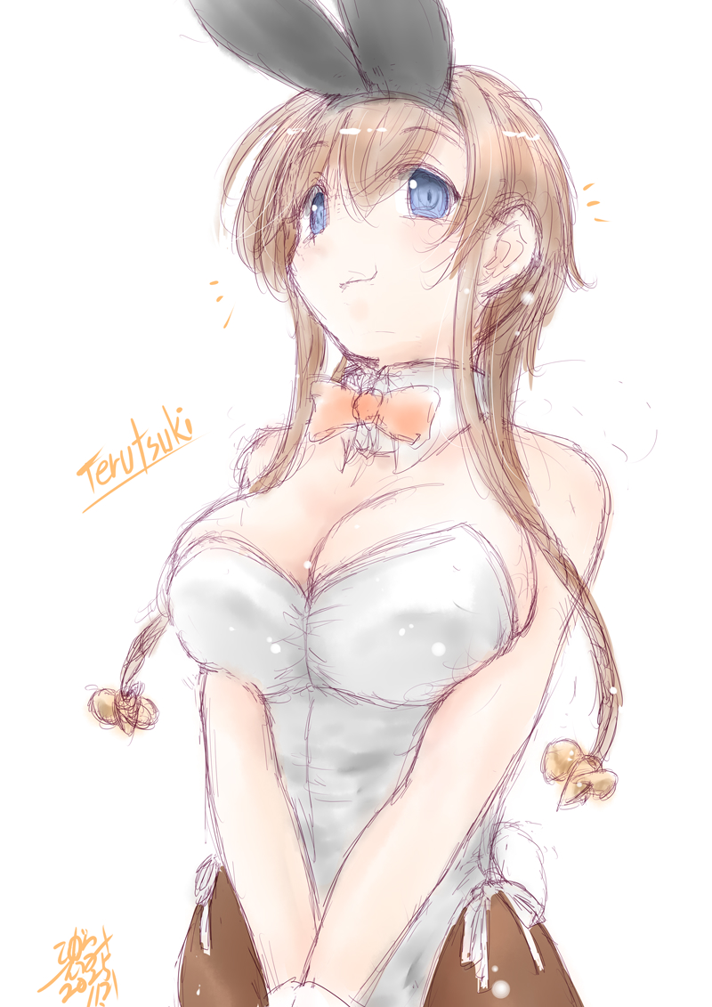 koshigaya tatsumi, teruzuki (kancolle), kantai collection, commentary request, 1girl, animal ears, bare shoulders, breasts, brown pantyhose, character name, cleavage, cowboy shot, fake tail, hair ornament, highleg, highleg leotard, large breasts, leotard, long hair, looking at another, looking at viewer, own hands together, pantyhose, playboy bunny, propeller hair ornament, rabbit ears, rabbit tail, signature, sketch, smile, solo, tail, v arms, very long hair, white leotard