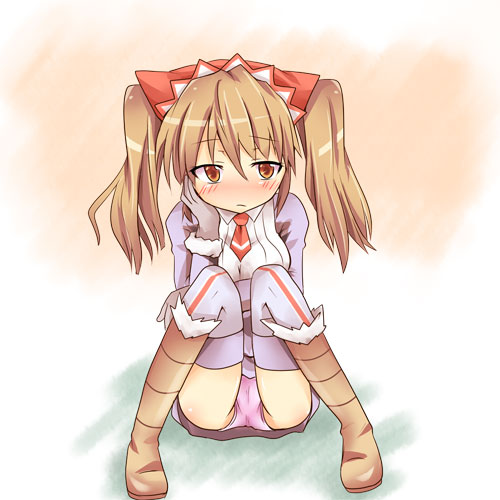 alto realize, alicia melchiott, senjou no valkyria (series), senjou no valkyria 1, lowres, 00s, 1girl, blush, boots, brown hair, female focus, long hair, necktie, panties, pantyshot, pink panties, sitting, skirt, solo, spread legs, thighhighs, twintails, underwear