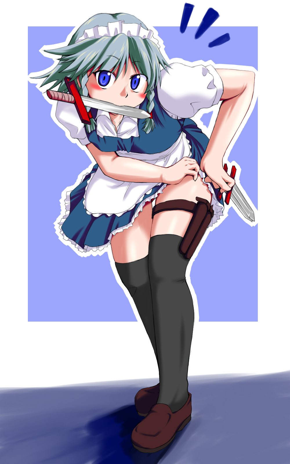 tenkasu (murazaki), tenkasu (pixiv), izayoi sakuya, touhou, silver hair, highres, 1girl, blue eyes, braid, dress, female focus, full body, knife, maid, mouth hold, short hair, solo, thigh strap, thighhighs, throwing knife, twin braids, weapon