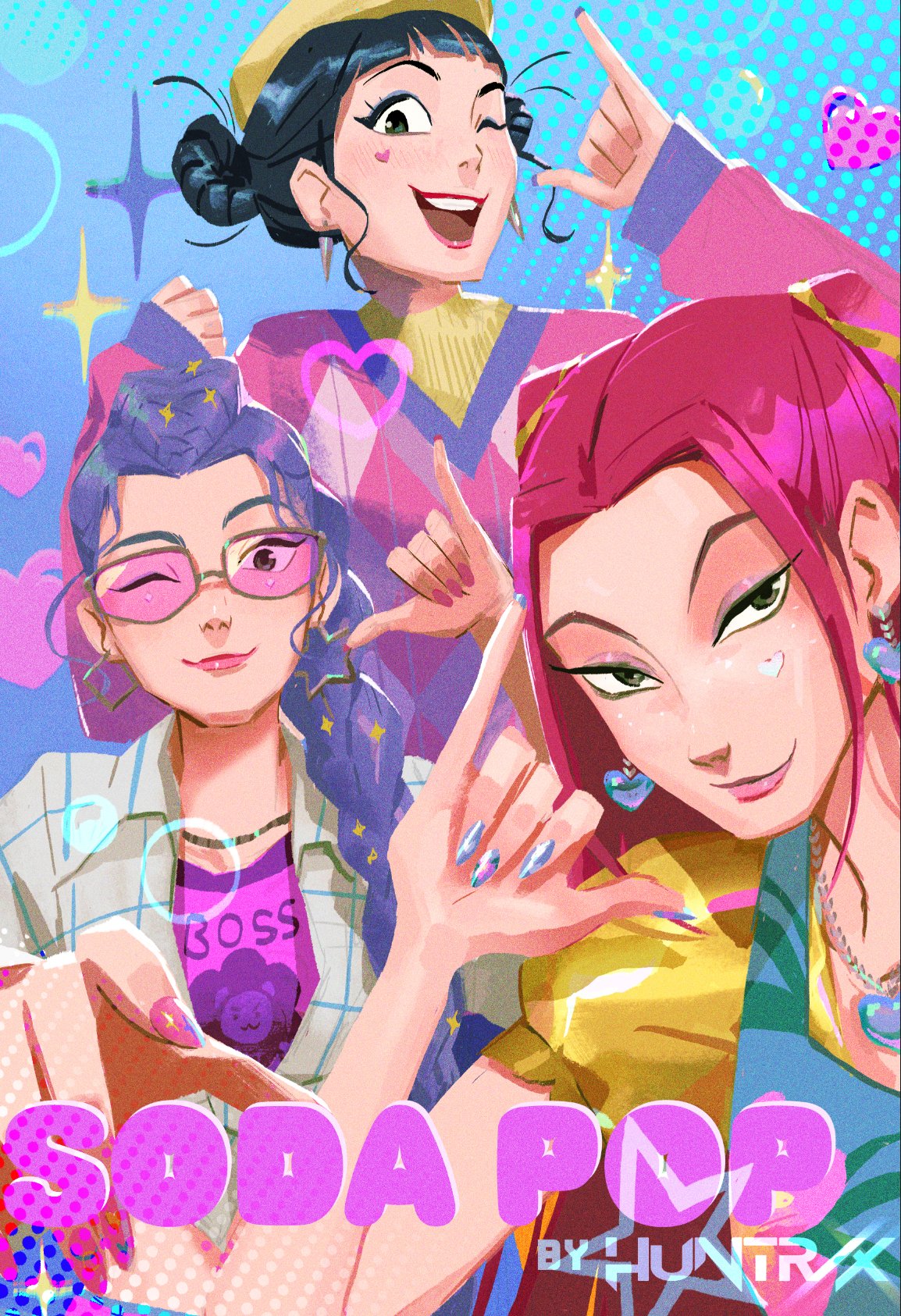 mira (kpop demon hunters), rumi (kpop demon hunters), zoey (kpop demon hunters), kpop demon hunters, commentary, english commentary, highres, 3girls, black hair, braid, braided ponytail, celinekim218, double bun, earrings, eyeshadow, fingernails, hair bun, hat, heart, jewelry, long fingernails, long hair, looking at viewer, makeup, multiple girls, one eye closed, pink-tinted eyewear, pink hair, pink lips, pink nails, purple hair, red lips, sidelocks, smile, song name, sparkle, sweater, tinted eyewear, twintails, yellow hat