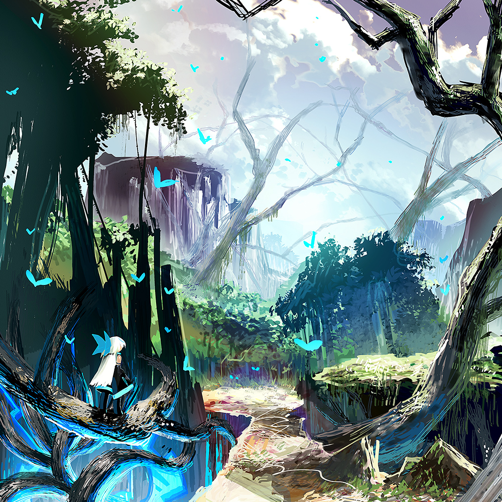 ein (artist), ein (long cake), original, 1girl, bow, bug, butterfly, dress, fantasy, female focus, forest, glowing, hair bow, hair ornament, landscape, long hair, nature, outdoors, scenery, sky, solo, tree, white hair