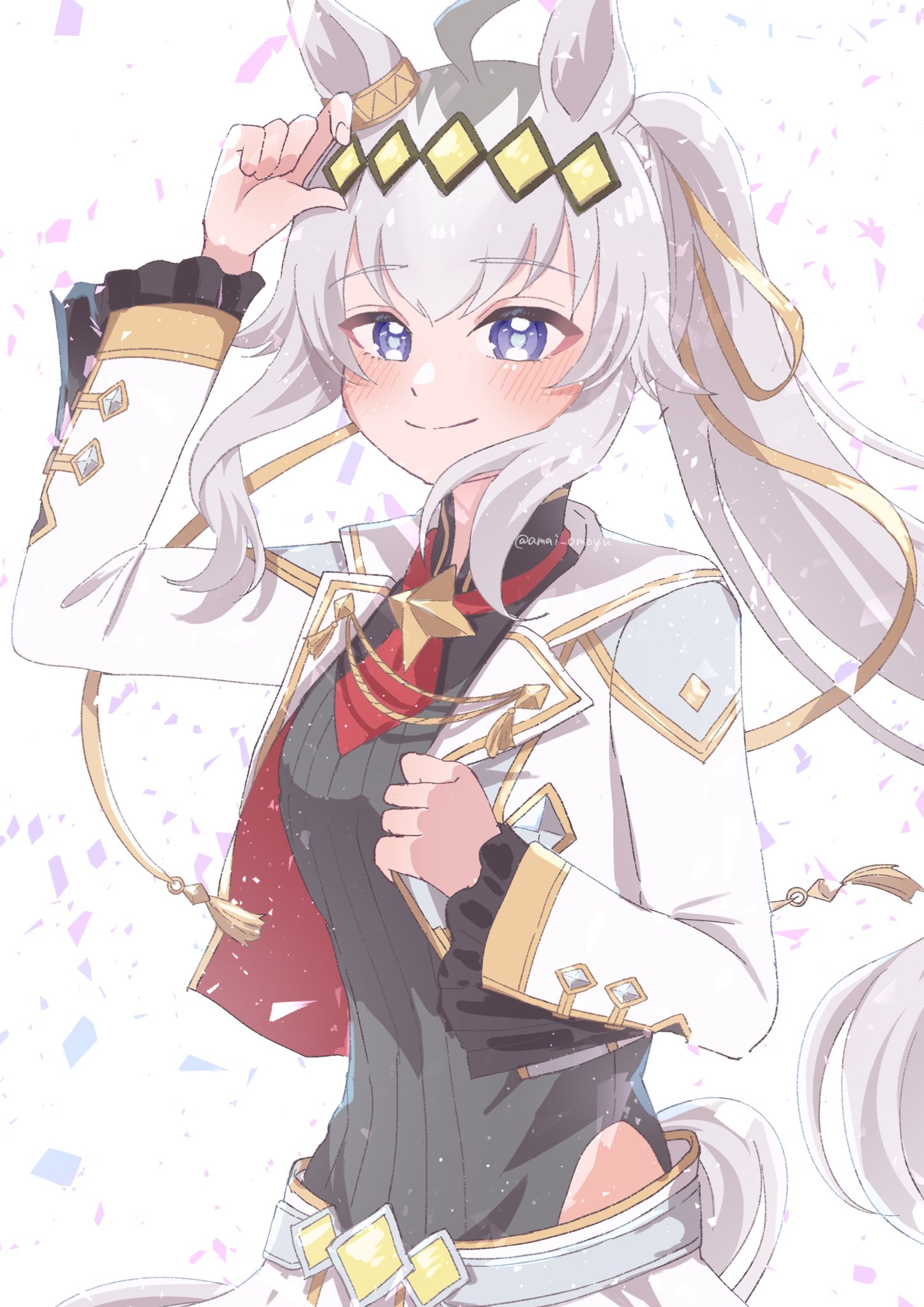 amai omoyu, oguri cap (umamusume), umamusume, umamusume: cinderella gray, commentary request, highres, 1girl, ahoge, animal ears, black shirt, blue eyes, blush, breasts, brooch, closed mouth, clothing cutout, confetti, cropped jacket, ear ornament, frilled sleeves, frills, grey hair, grey leotard, hair between eyes, hair ribbon, hairband, hip vent, horse ears, horse girl, horse tail, jacket, jewelry, leotard, long hair, long sleeves, neckerchief, official alternate costume, oguri cap (cinderella gray) (umamusume), ponytail, red neckerchief, ribbon, shirt, shorts, smile, solo, star brooch, tail, upper body, white jacket, white shorts