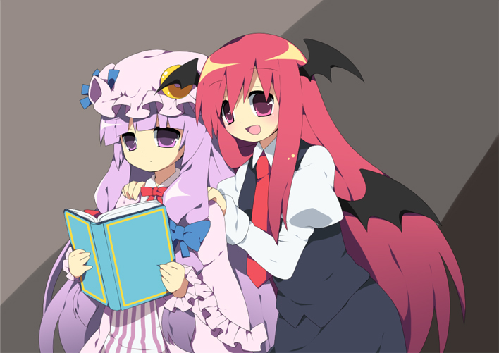 soranagi, koakuma, patchouli knowledge, embodiment of scarlet devil, touhou, bad id, bad pixiv id, 2girls, bat wings, book, female focus, grey background, hat, head wings, long hair, multiple girls, purple eyes, purple hair, red eyes, red hair, sitting, standing, wings